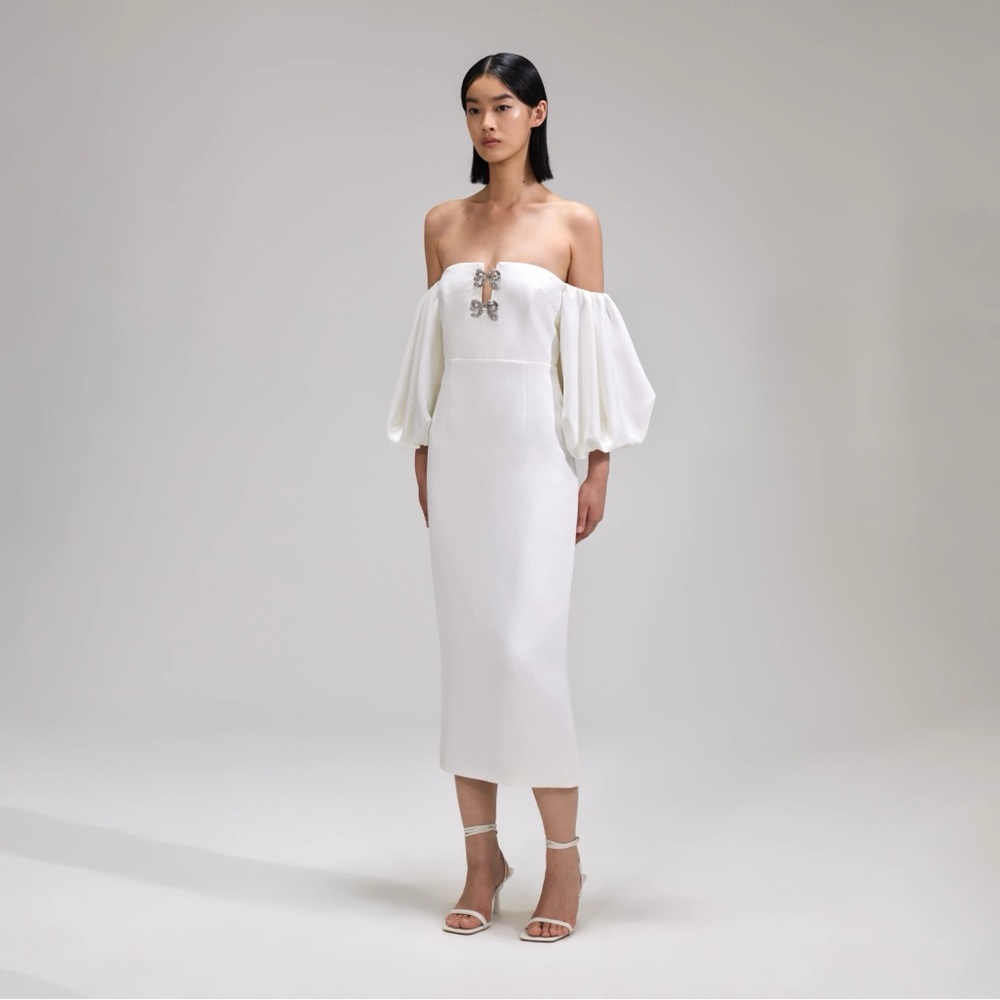 Self-Portrait Strapless White Crepe Bow Midi Dress